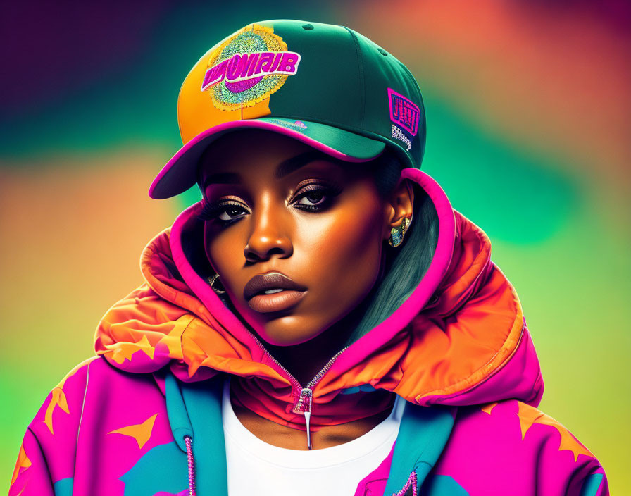 Colorful makeup, hat, and jacket on a person against vibrant backdrop