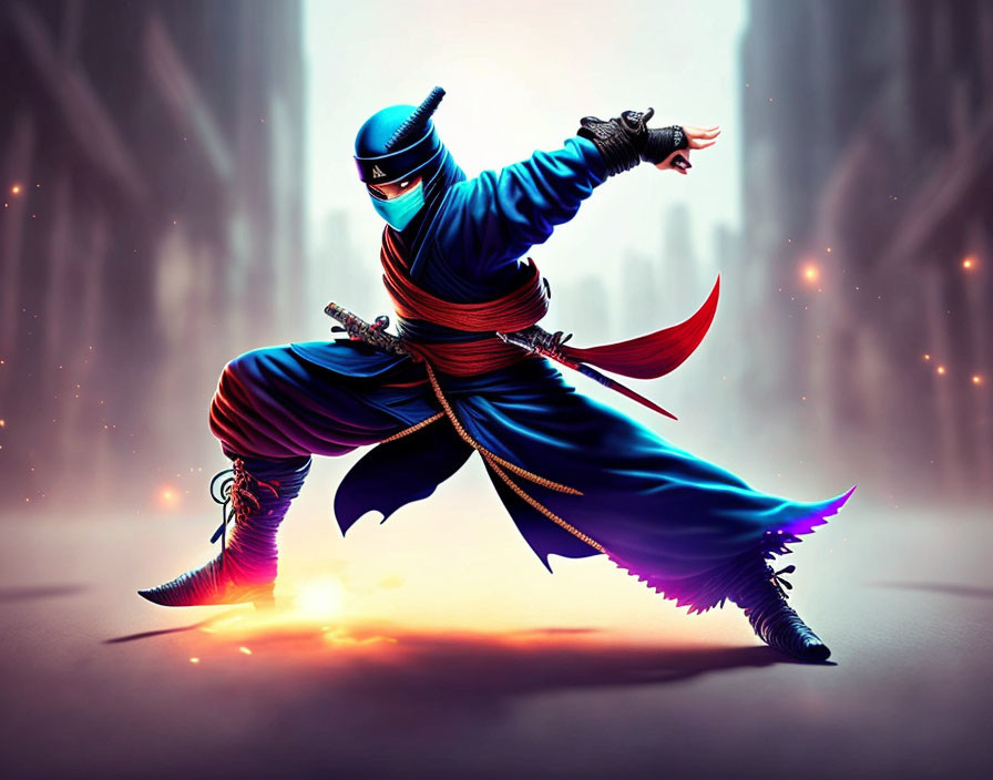 Stylized ninja in blue and red attire with sword in misty urban backdrop