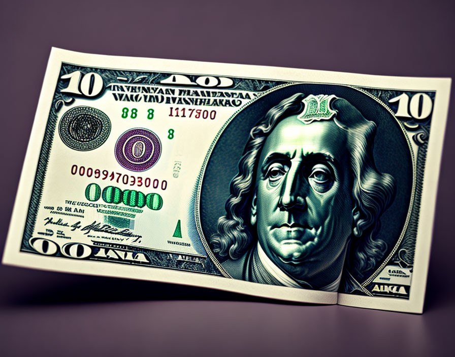 High-contrast image of US ten-dollar bill with Alexander Hamilton portrait on violet background