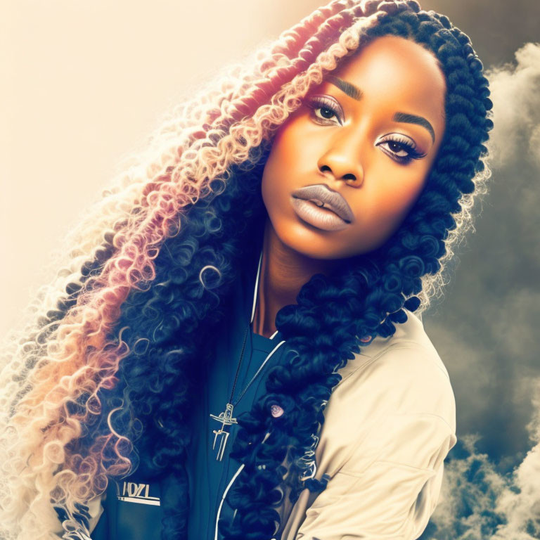 Woman with Long Ombre Curly Hair in Blue Top on Smokey Background