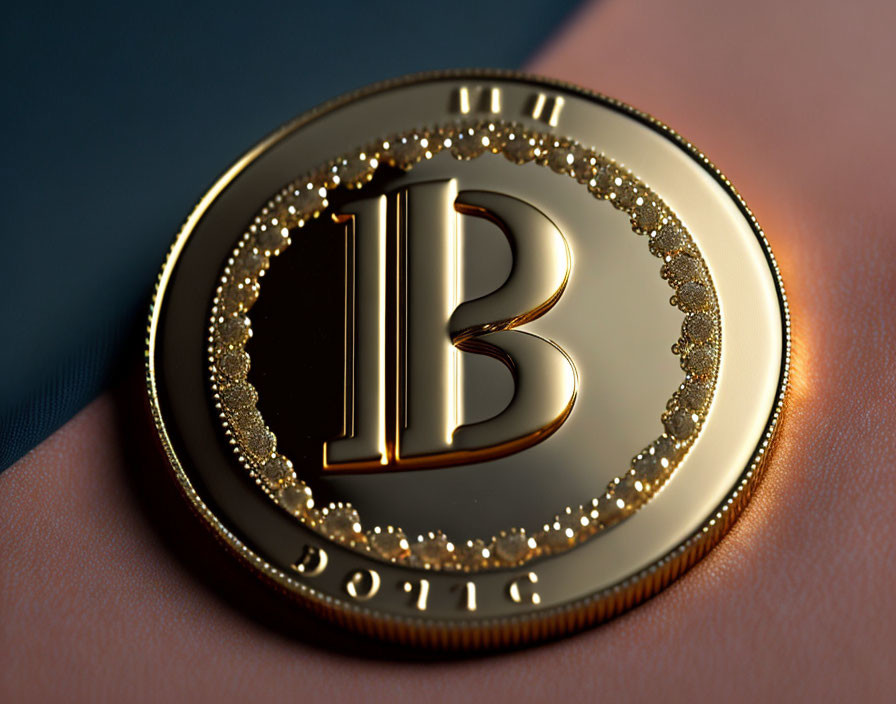 Shimmering golden Bitcoin coin on smooth surface symbolizes luxury