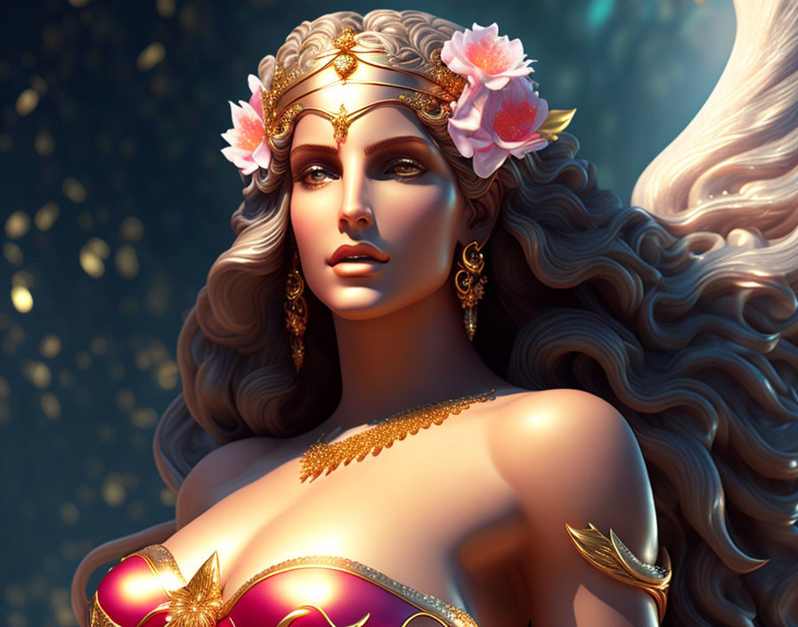 Regal woman digital art: golden headpiece and flowing hair