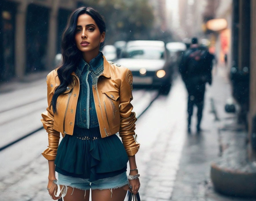 Stylish woman in yellow jacket on city street with blurred cars and city life