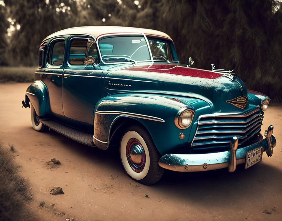 Vintage two-tone car from the 1940s with whitewall tires parked under trees