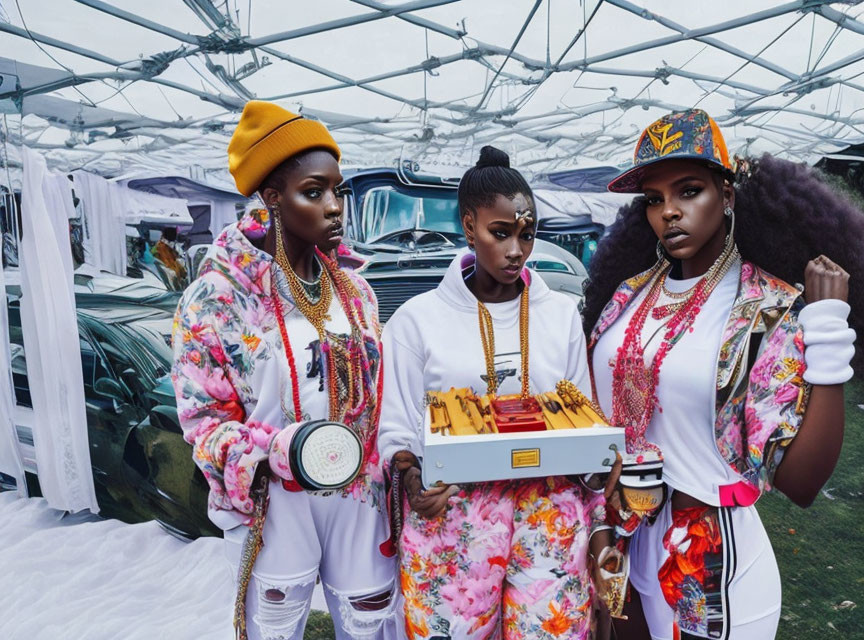 Three individuals in colorful floral outfits at outdoor event with bold accessories