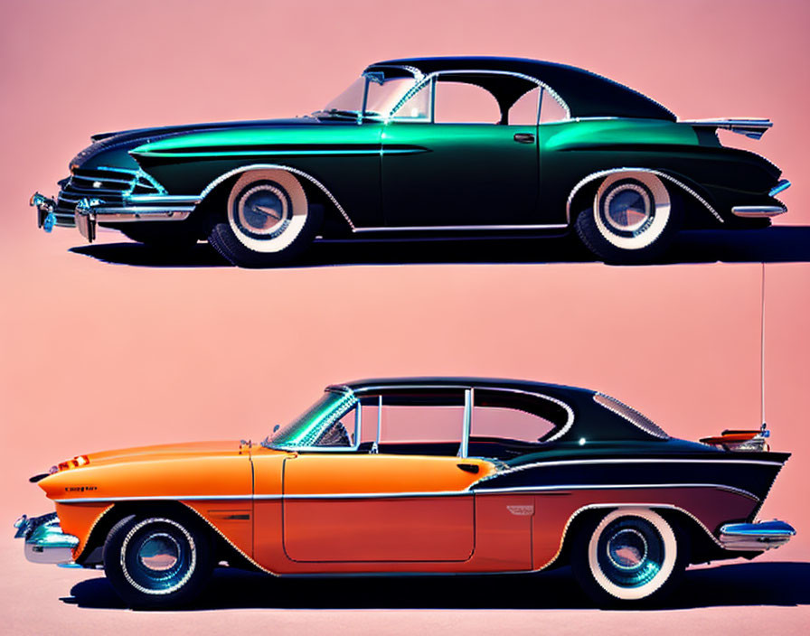 Vintage Cars with Neon Outlines on Pink Background