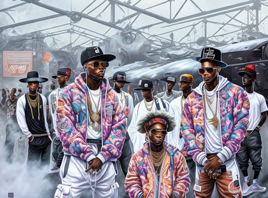 Group of Stylish Men in Floral Jackets and Hats with Helicopter and Industrial Background