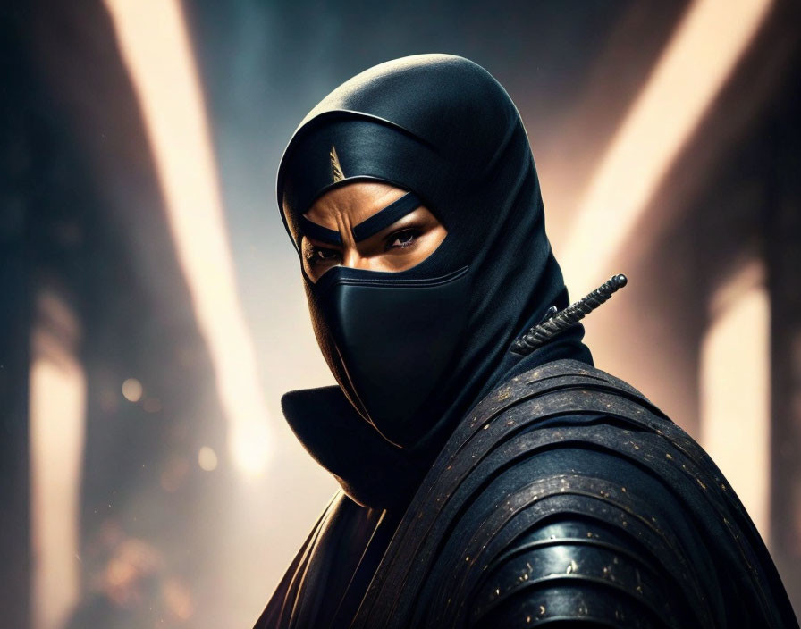 Black ninja in misty, amber-lit environment with visible eyes