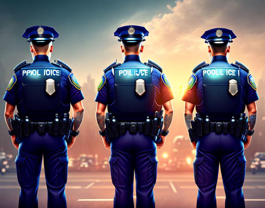 Three Police Officers in Uniform at Sunset