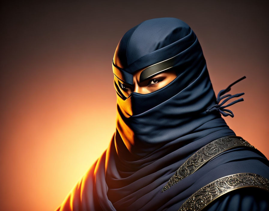 Traditional Blue Ninja Outfit Against Warm Glowing Backdrop