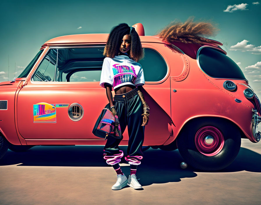 Retro fashion woman posing next to classic car under blue sky