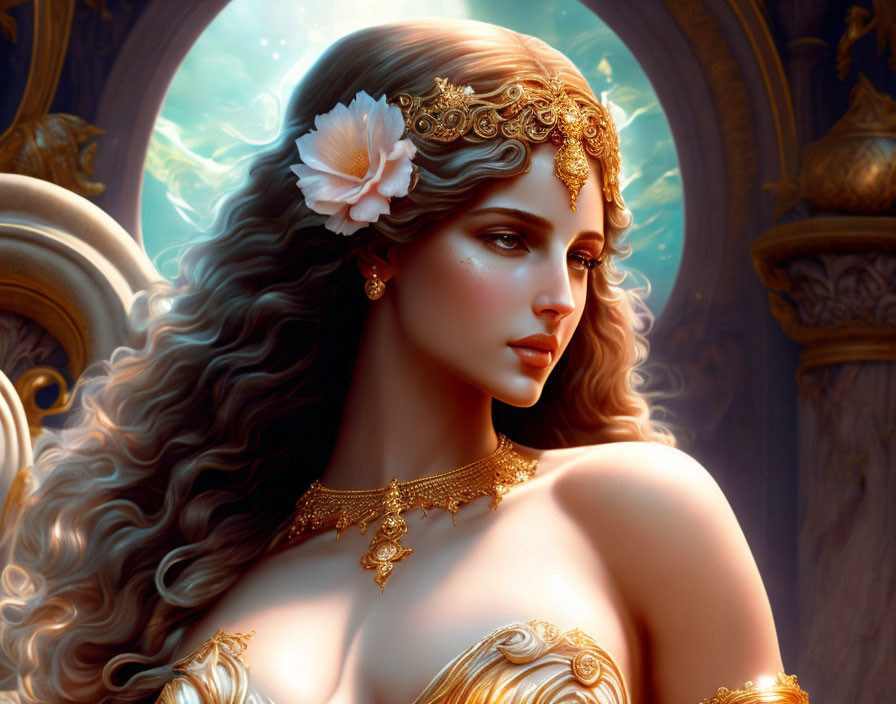 Elegant woman with voluminous curly hair and floral hairpiece gazes softly.