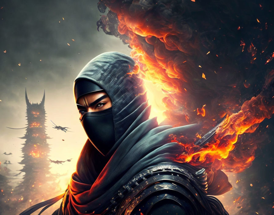 Menacing ninja in black costume against fiery background.