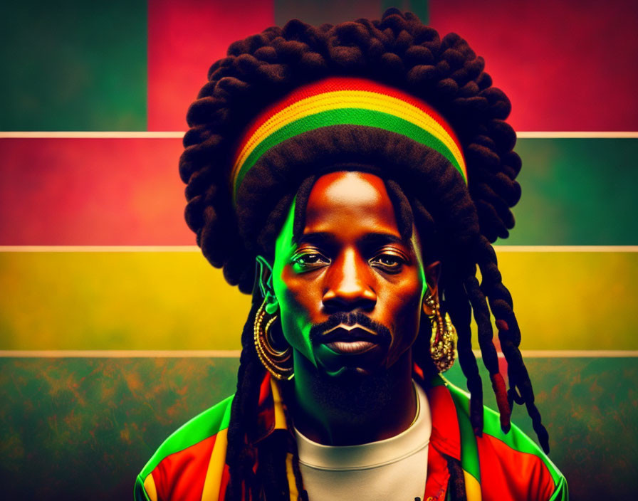 Vibrant digital portrait with rasta hat on colorful background