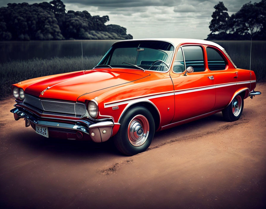 Vintage orange car parked by lake under cloudy skies with greenery reflections