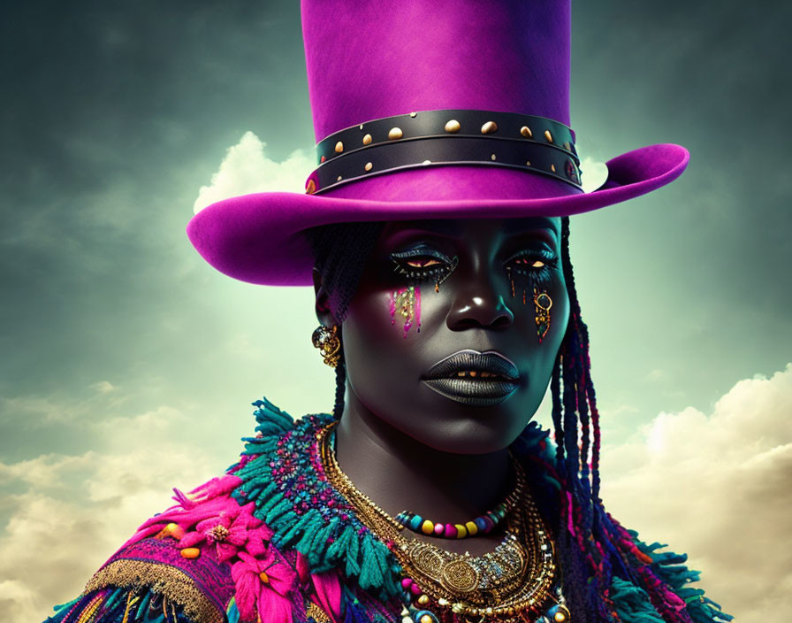 Dark-skinned person in purple top hat with colorful jewelry and feathers under stormy sky