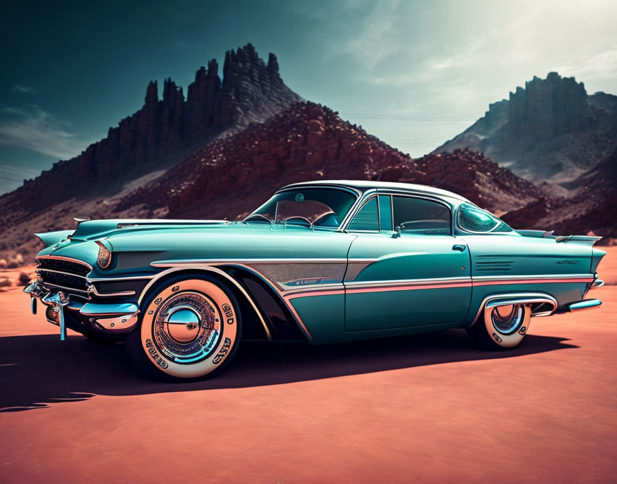 Vintage Turquoise and White Car with Chrome Details in Desert Landscape