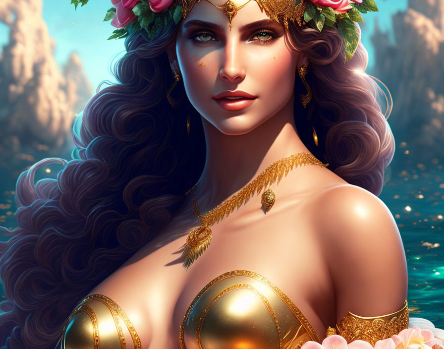 Fantasy female character digital portrait with long wavy hair and floral crown