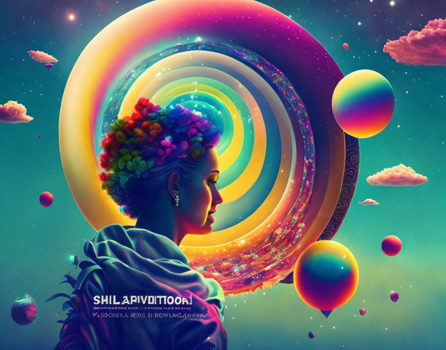 Colorful cosmic swirls portrait of woman in vibrant space setting