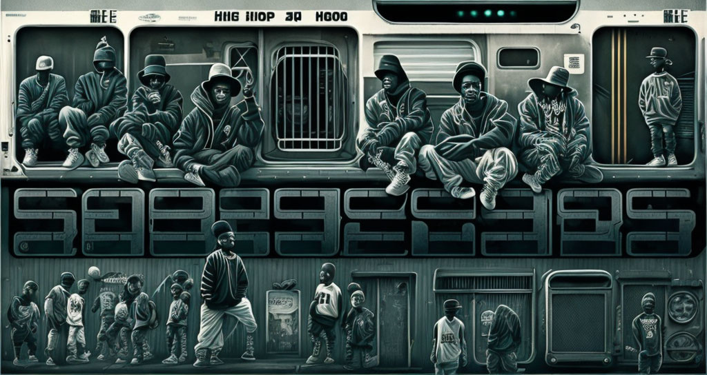 Grayscale urban art: People in hip-hop attire near subway train with graffiti text.