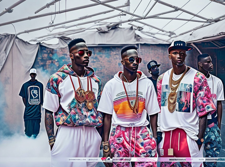 Three men in stylish streetwear with gold chains posing in front of misty urban backdrop