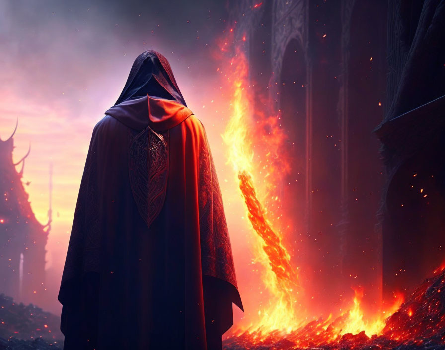 Mysterious cloaked figure in front of fiery eruption and gothic architecture