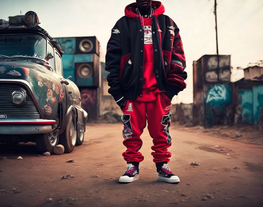 Person in Red and Black Outfit on Dusty Road with Vintage Cars and Speakers