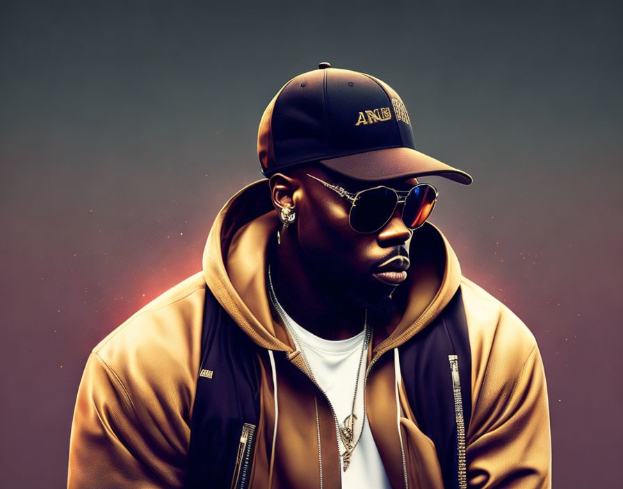 Digital portrait: Person in sunglasses, cap, stylish jacket, hoodie, striking pose on gradient background