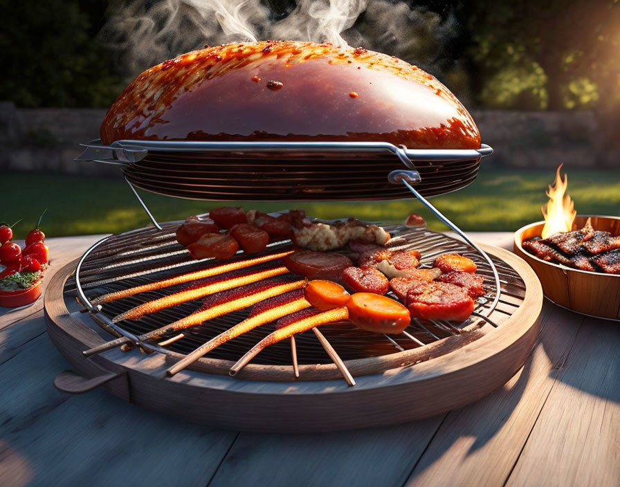 Assorted meats and vegetables grilling on outdoor barbecue with flames and smoke under warm evening light