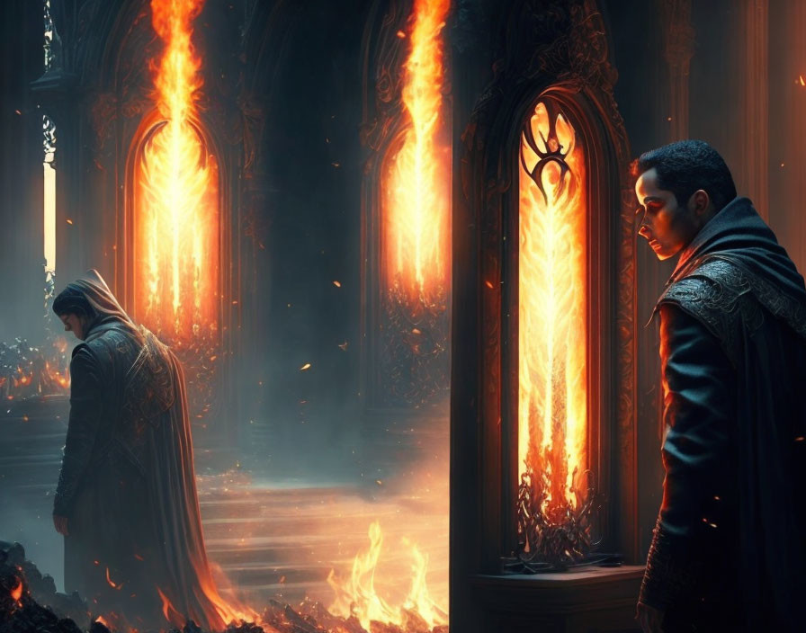 Man in coat contemplates in burning gothic hall with mourning figure