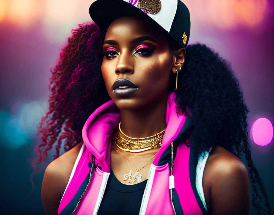 Curly-Haired Woman in Cap with Hoop Earrings and Gold Necklace in Colorful Jacket