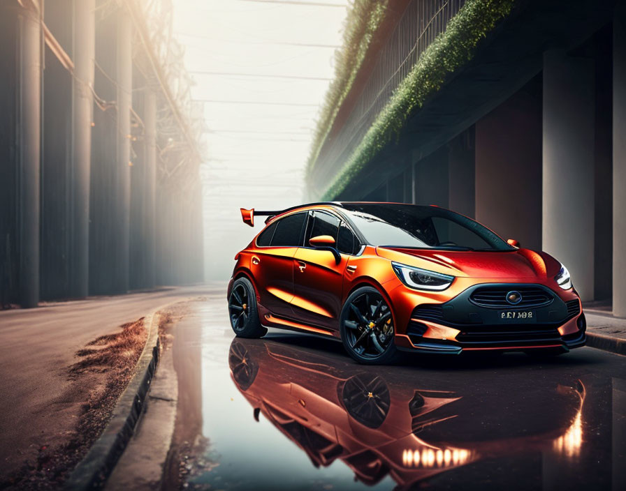 Red sports car parked on wet road under bridge in dramatic foggy setting