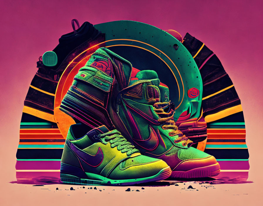 Colorful Sneakers on Artistic Backdrop with Gradients & Vinyl Record