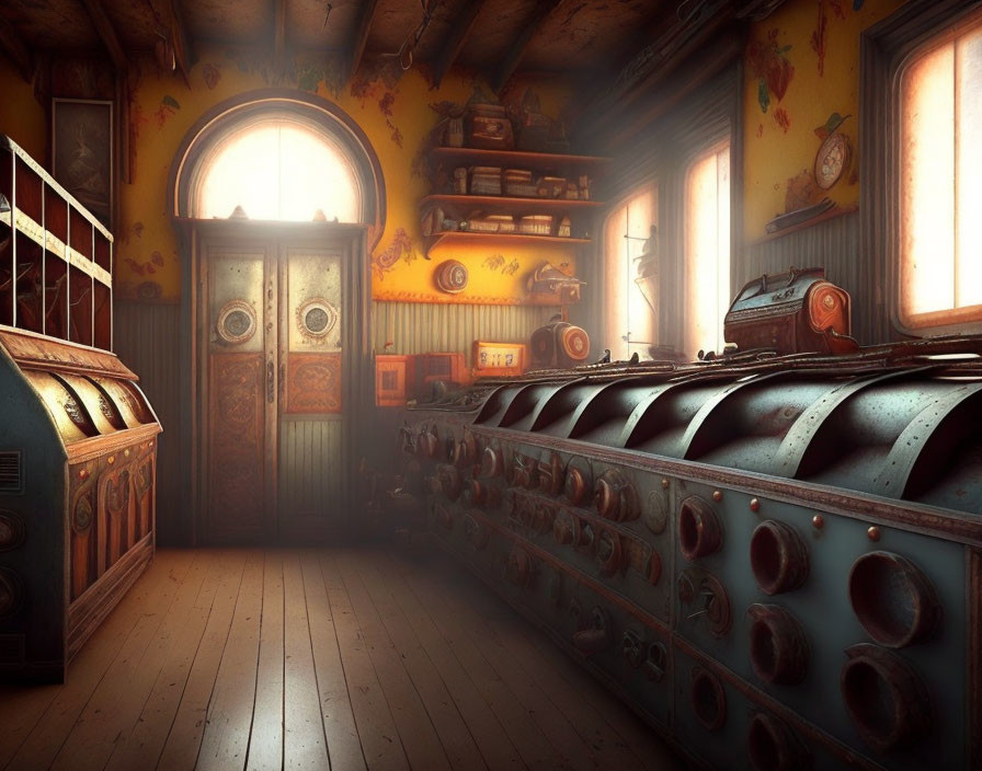 Vintage Room with Ornate Doors, Round-Windowed Machines, Rustic Shelves, Wooden Floor