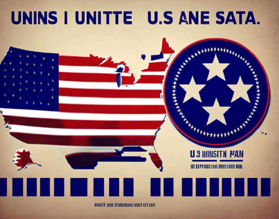 Stylized United States flag graphic with outlined states and distorted text.