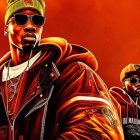 Stylized men in hip-hop attire with chains and sunglasses on fiery orange background