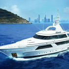 Luxury yacht sailing on blue ocean with modern city skyline and lush green coastline