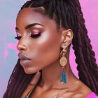 Digital illustration of woman with dark skin, bold makeup, braided hair, gold jewelry, pink and