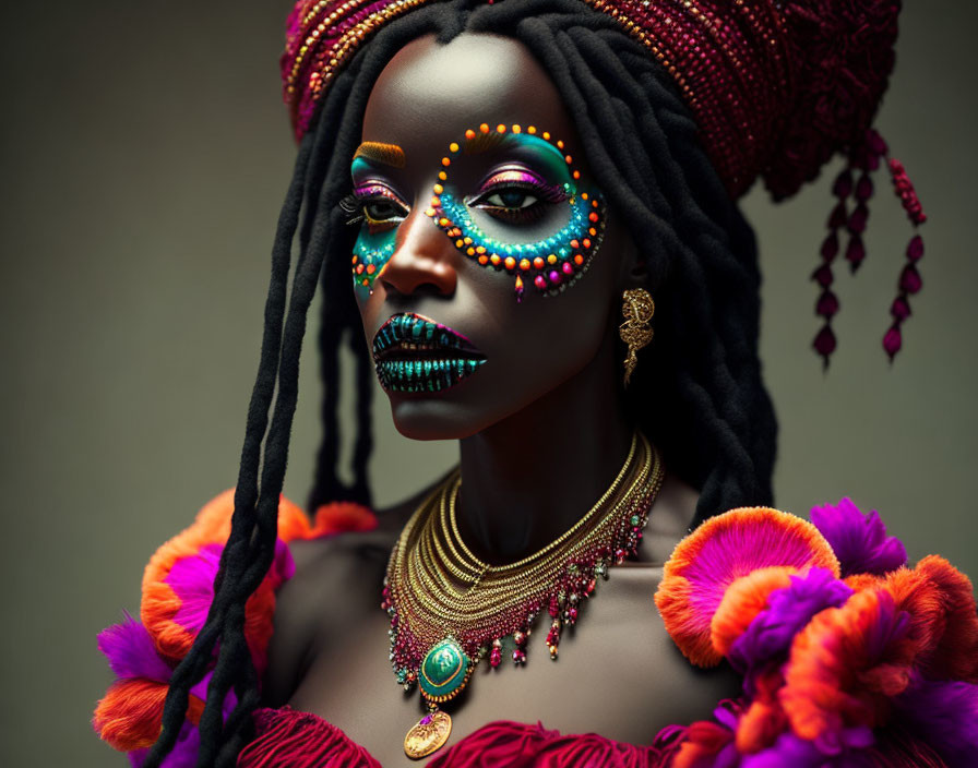 Person with Decorated Braids and Vibrant Makeup: Colorful Accessories and Jewelry