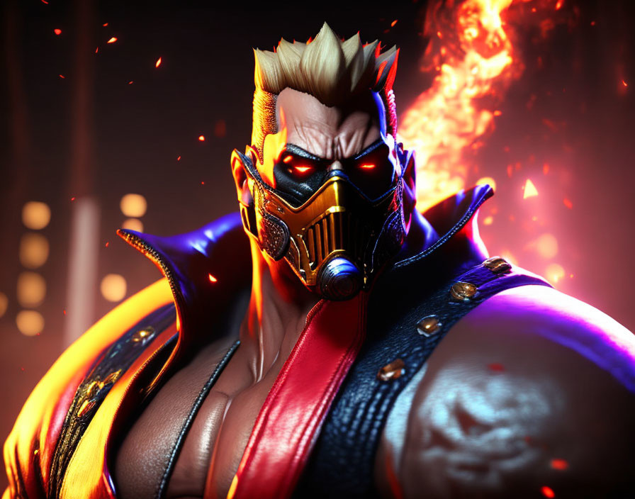 Close-Up 3D-Rendered Character: Golden Mask, Spiky Blonde Hair, Flames