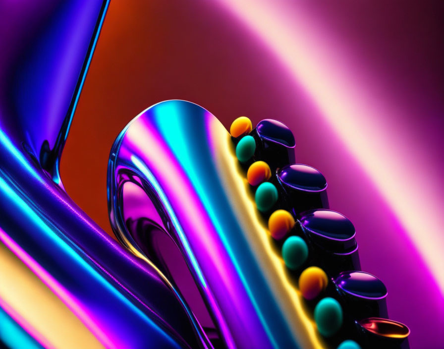 Colorful Abstract Artwork with Metallic Surfaces & Spheres on Curved Edges