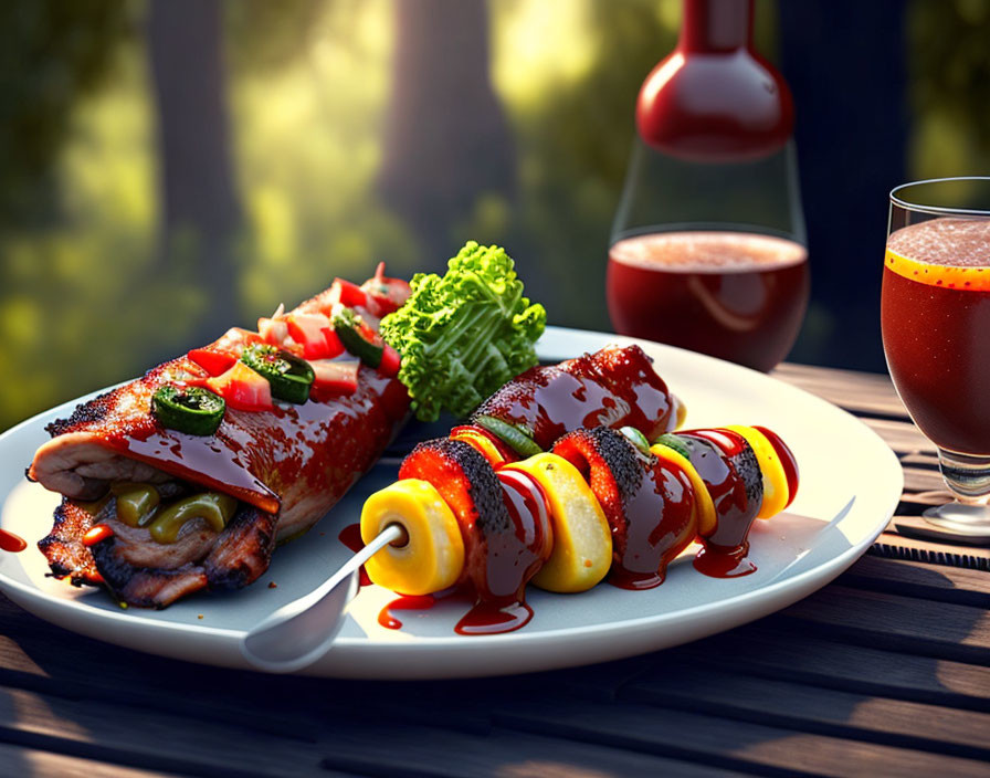 Barbecued Ribs, Grilled Fruits, Salad, Juice, and Bottle on Wooden Table