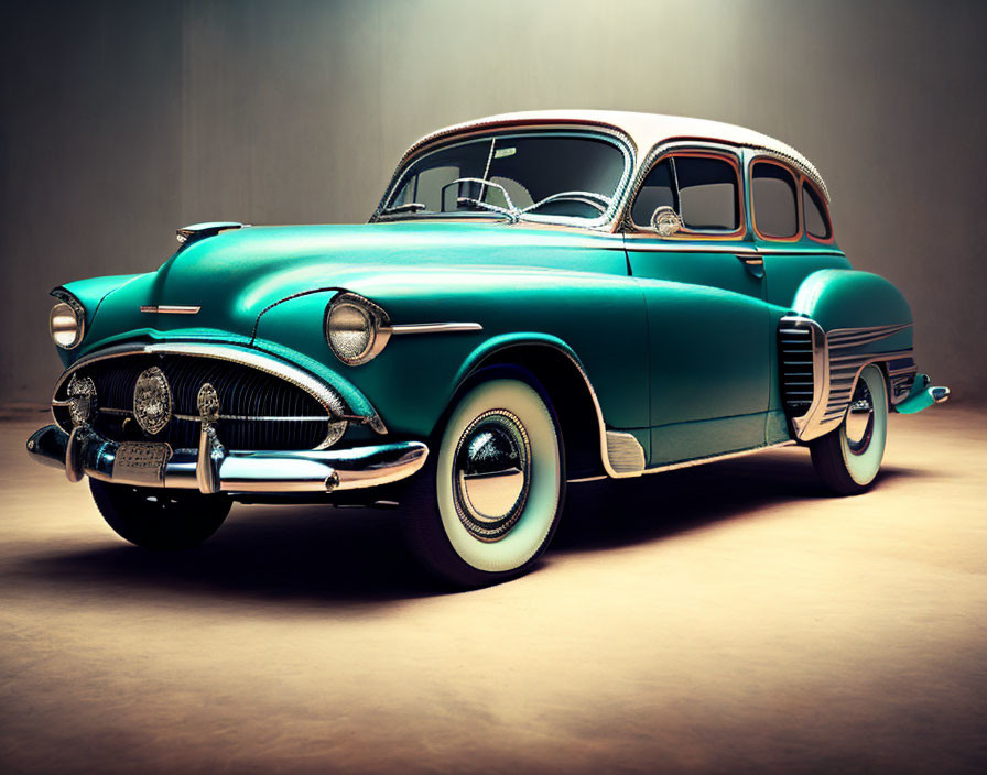 Classic Teal Car with White-Wall Tires and Chrome Details in Studio Setting