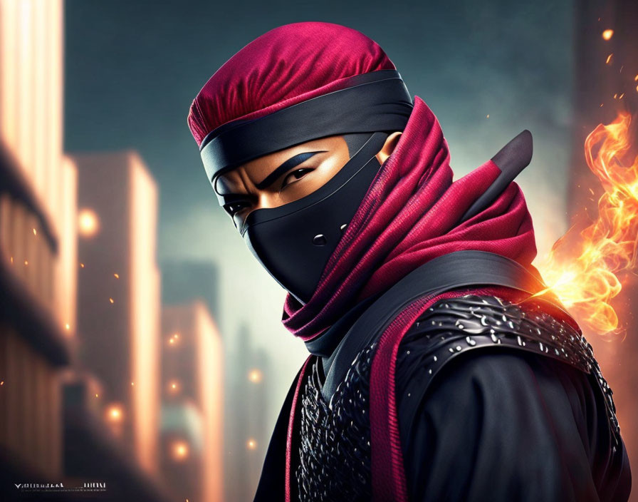 Digital artwork of a ninja in red headband and armor in urban setting