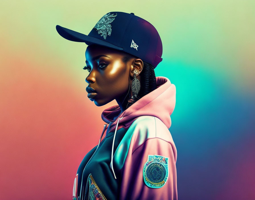 Profile view of woman in black cap and pink/blue hoodie on colorful gradient backdrop