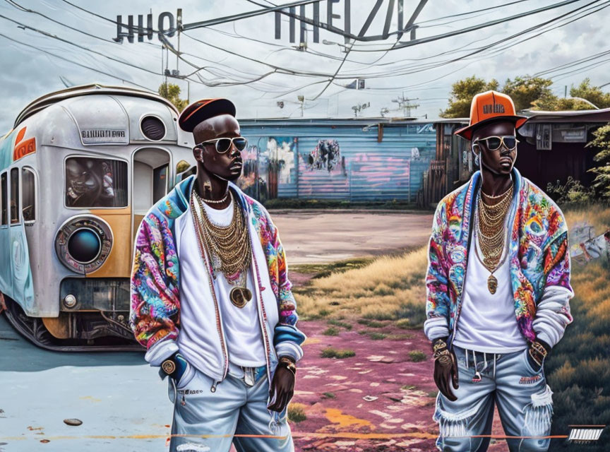 Fashionable duo in urban graffiti scene with retro tram and vibrant street art