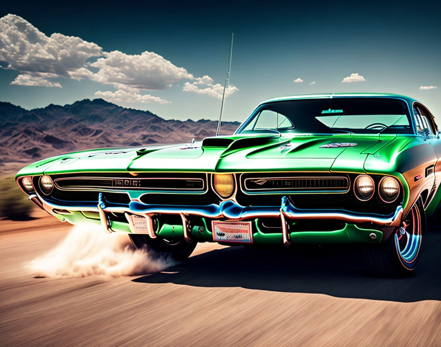 Classic Green Dodge Challenger Racing in Desert Landscape