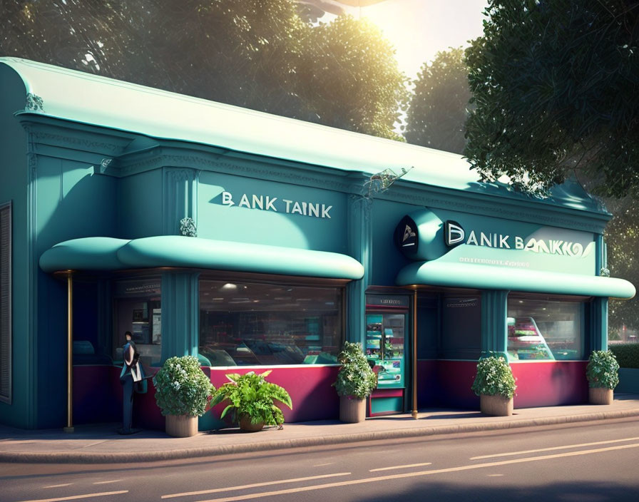 Teal and Pink Bank Building with Large Windows and Awning, Person Standing by Entrance