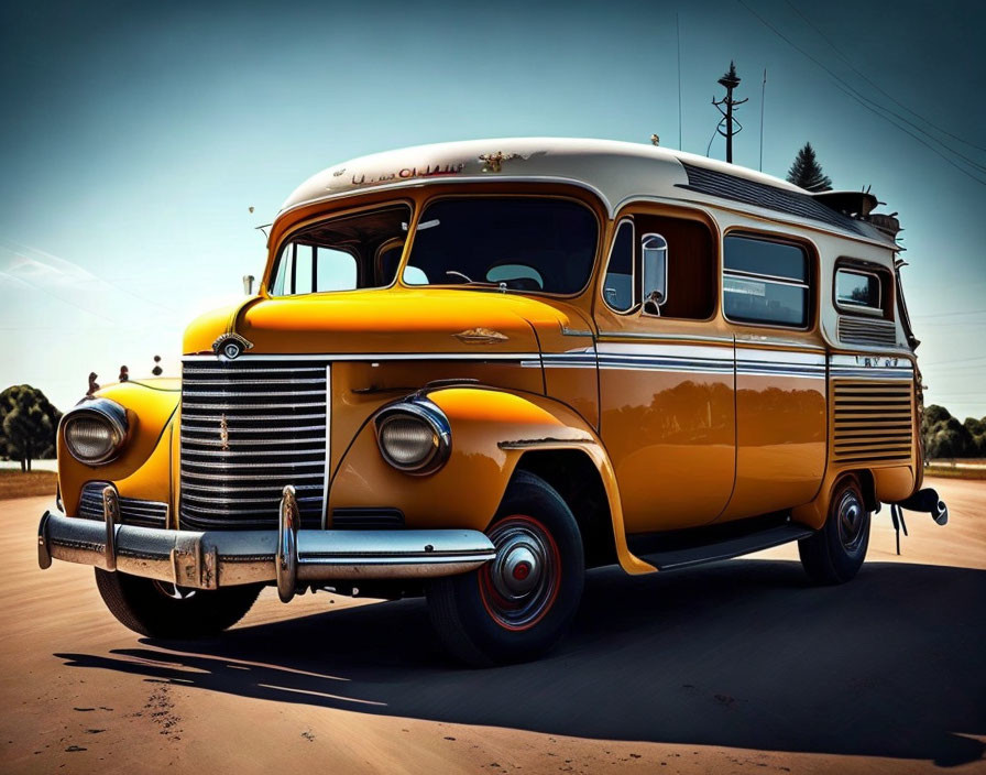 Vintage Yellow and Black Bus with Classic Styling on Sunny Day