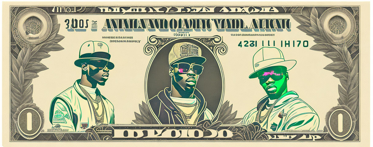 Stylized dollar bill with three men in hats and sunglasses